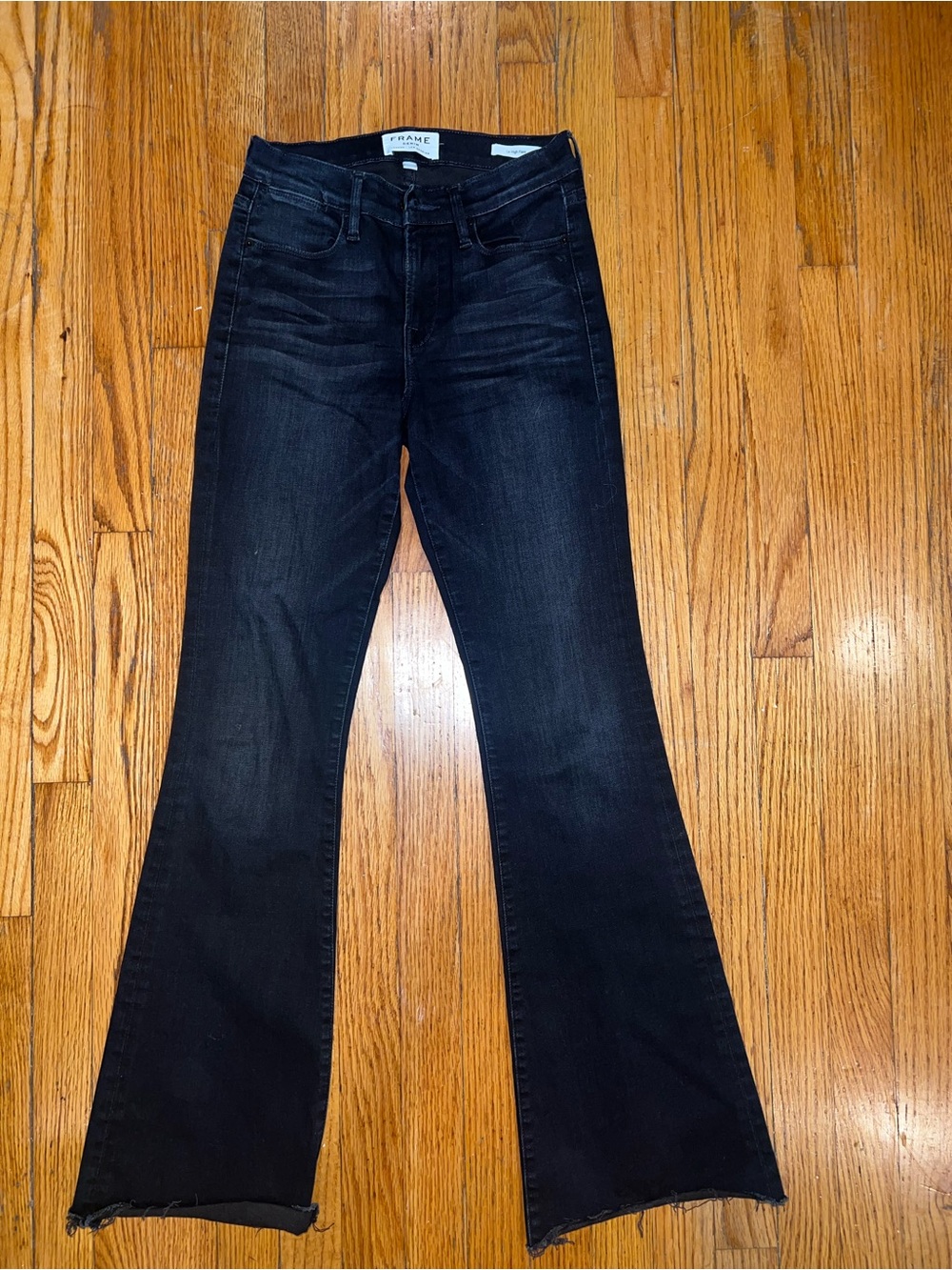 FRAME Le High Flare Jeans Black Raw Hem High Rise Size 26 Made in USA